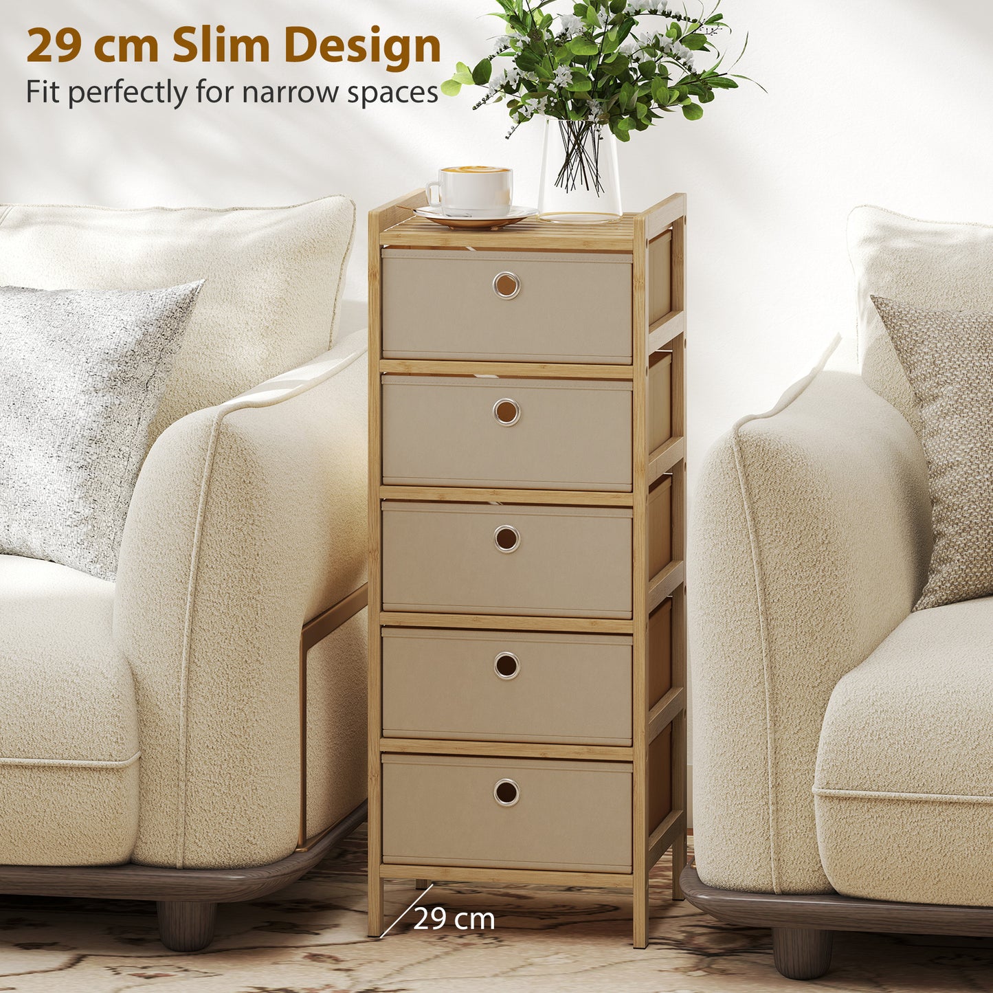 Chest of Drawers, 5 Drawers Dresser with Bamboo Frame, Cream White