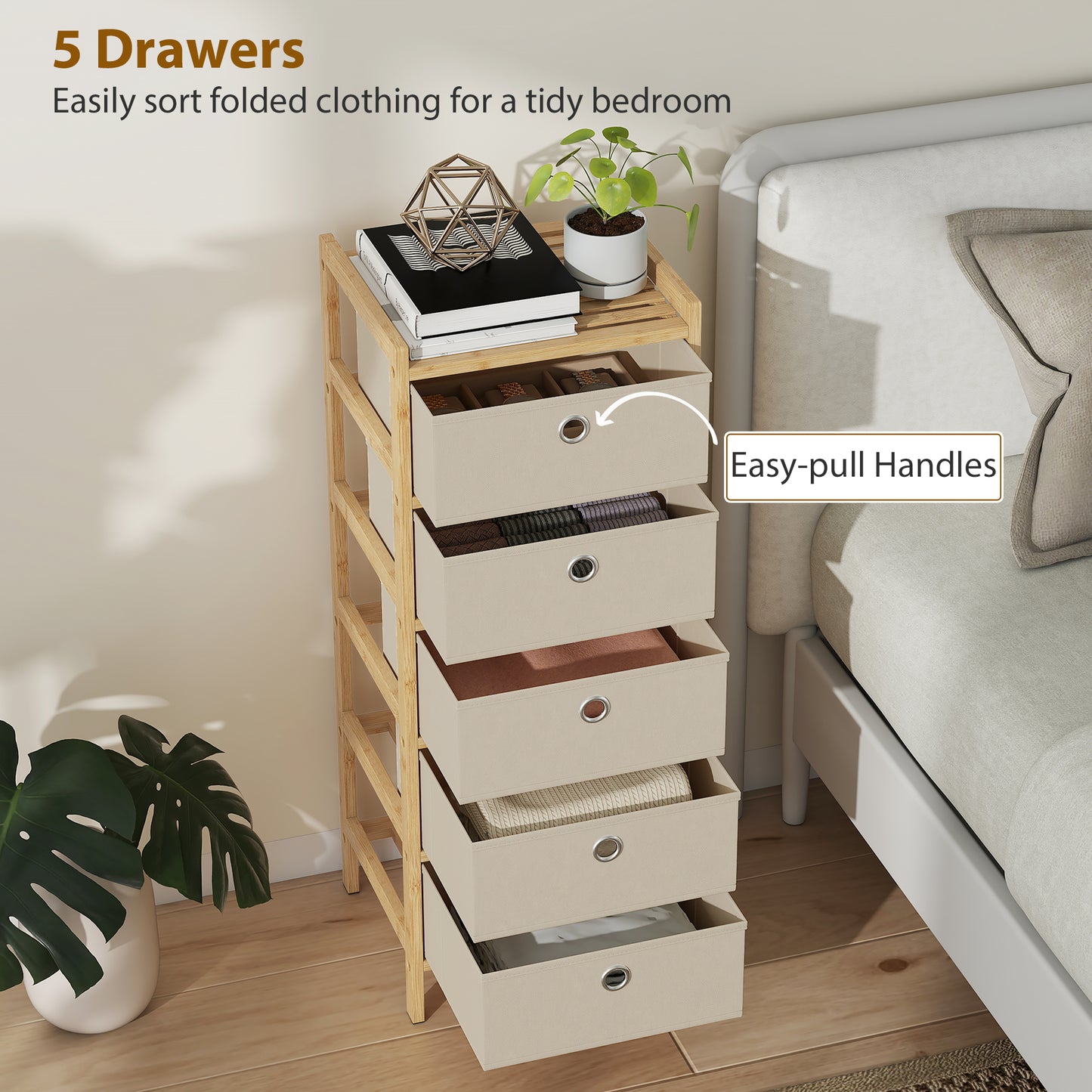 Chest of Drawers, 5 Drawers Dresser with Bamboo Frame, Cream White