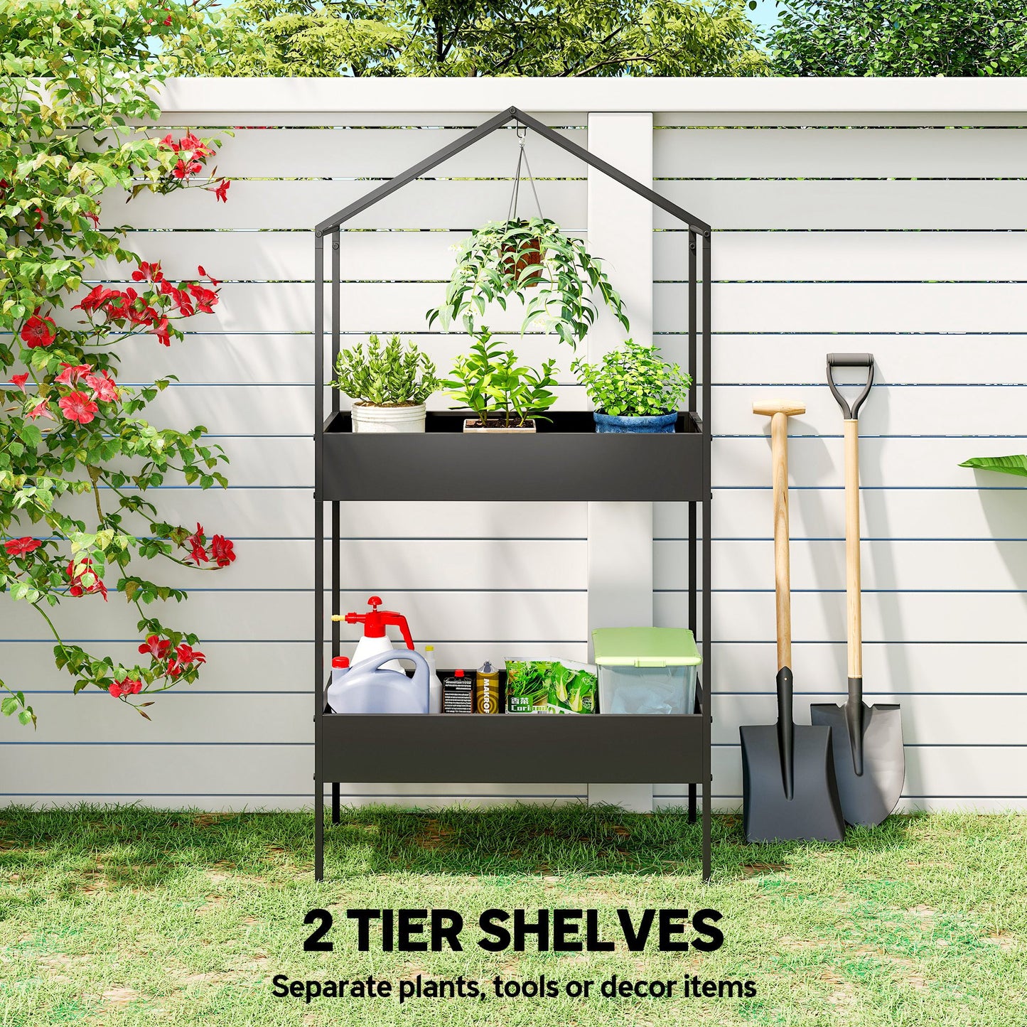 2 Tier Plant Stand, Outdoor Indoor Metal Plant Stand with Hook