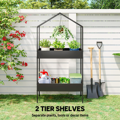 2 Tier Plant Stand, Outdoor Indoor Metal Plant Stand with Hook
