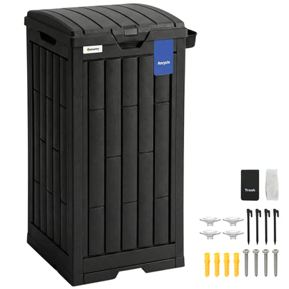 110 L Outdoor Bin with Dual Lid, Waterproof Plastic Trash Bin with Ashtray and Drip Tray, Garden Waste Trash Bin, Black