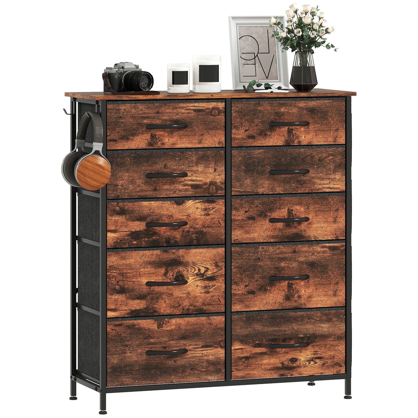 Fabric Chest of Drawers, 10 Drawer Dresser for Bedroom, Rustic Brown