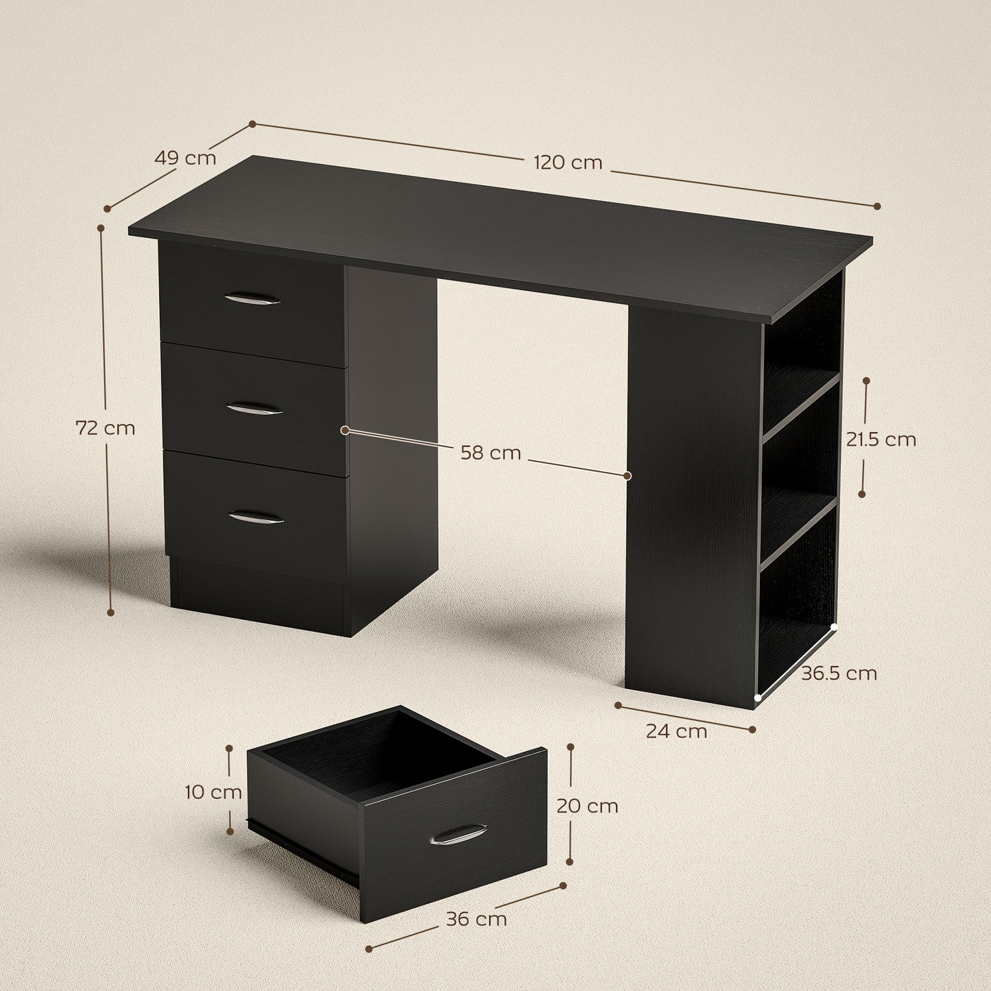 120cm PC Table Workstation Computer Desk with Drawers & 3 Shelf Black