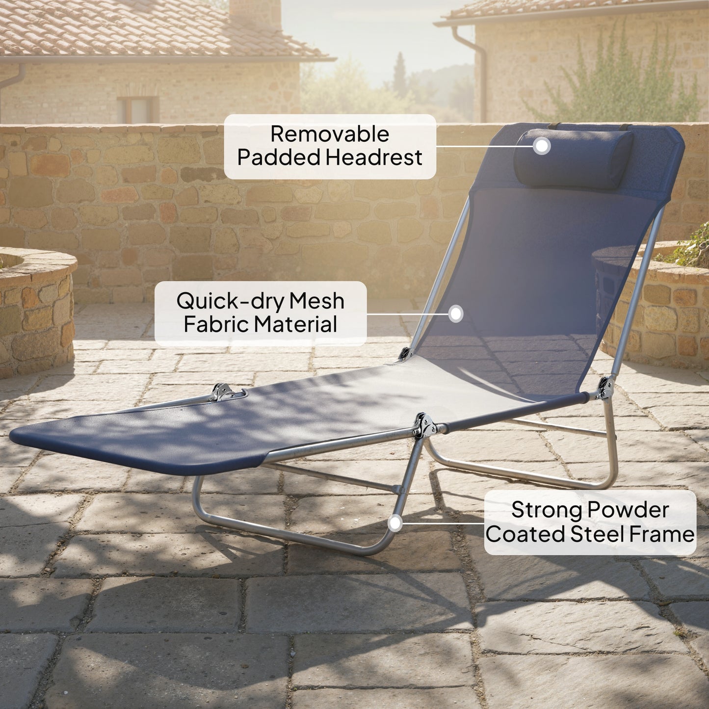 Adjustable Sun Bed Garden Lounger Recliner Relaxing Camping Blue