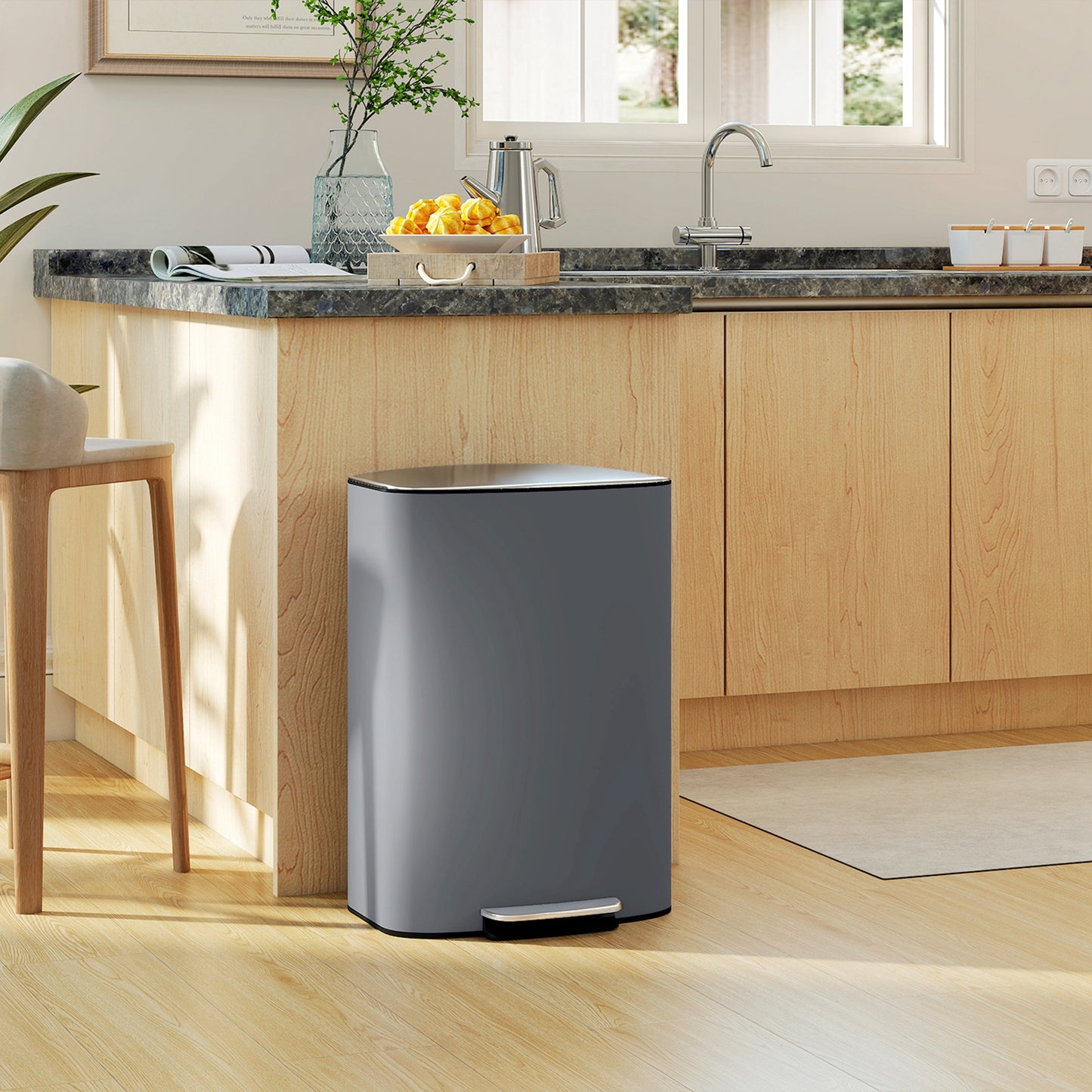 Pedal Bin with Soft-Close Lid, 50L Kitchen Bin with Carry Handle Grey