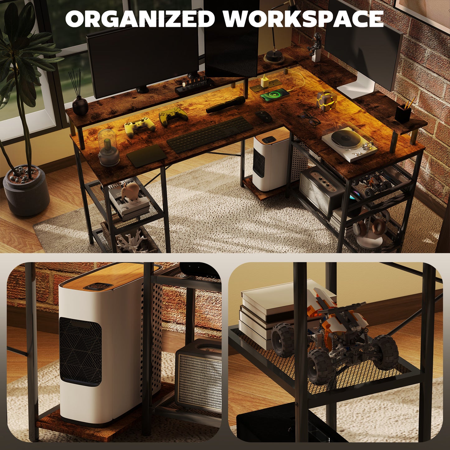 L Shaped Gaming Desk w/ LED Lights and Power Outlets for Small Space
