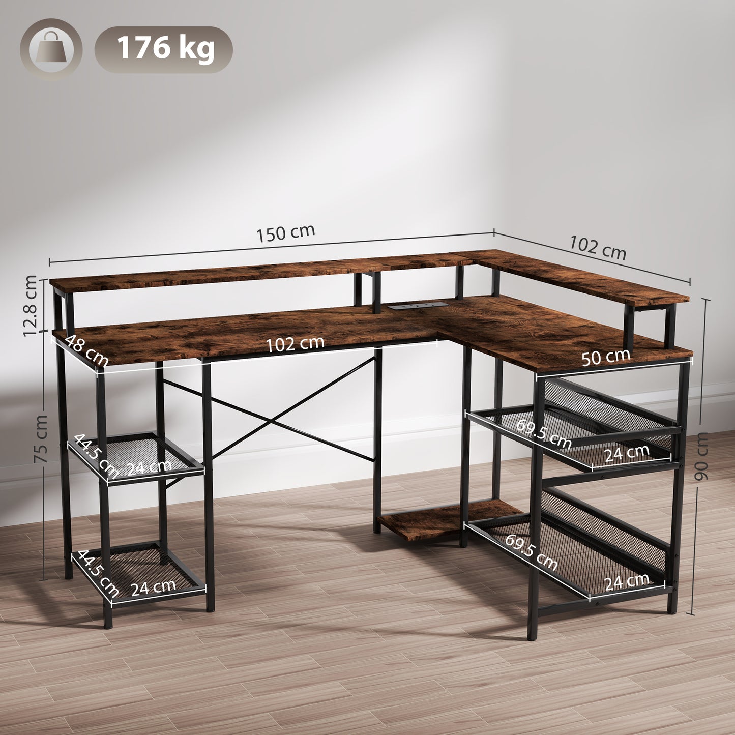 L Shaped Gaming Desk w/ LED Lights and Power Outlets for Small Space