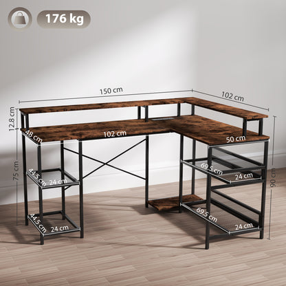 L Shaped Gaming Desk w/ LED Lights and Power Outlets for Small Space