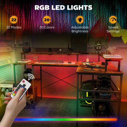 L Shaped Gaming Desk w/ LED Lights and Power Outlets for Small Space