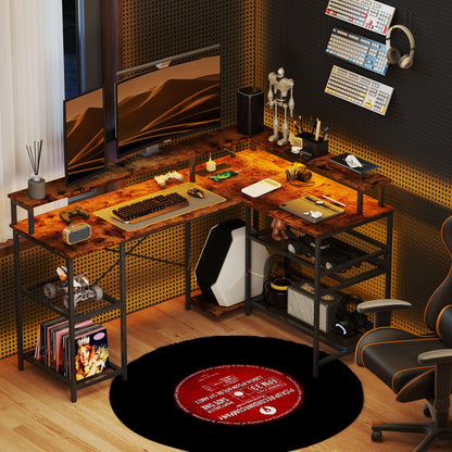 L Shaped Gaming Desk w/ LED Lights and Power Outlets for Small Space