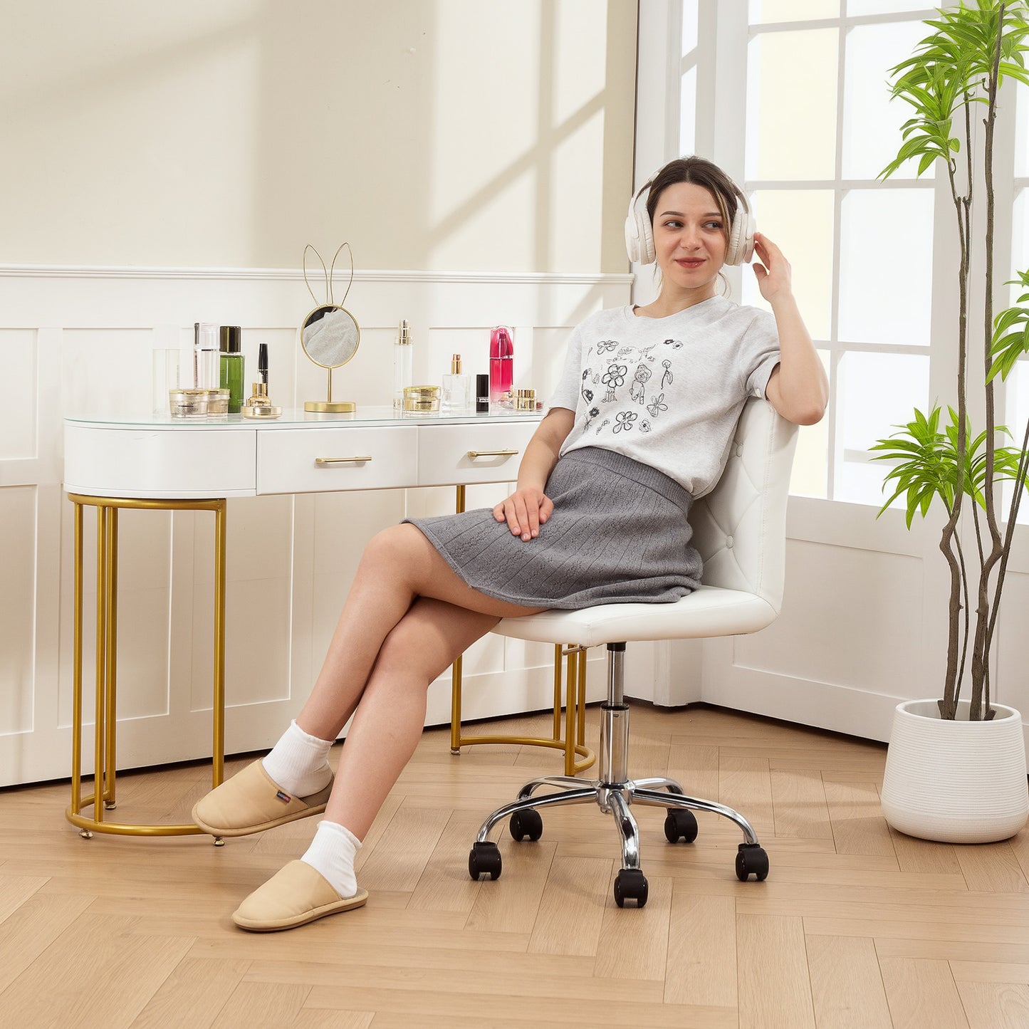 Modern Vanity Computer Desk Chair with Rolling Wheels, White