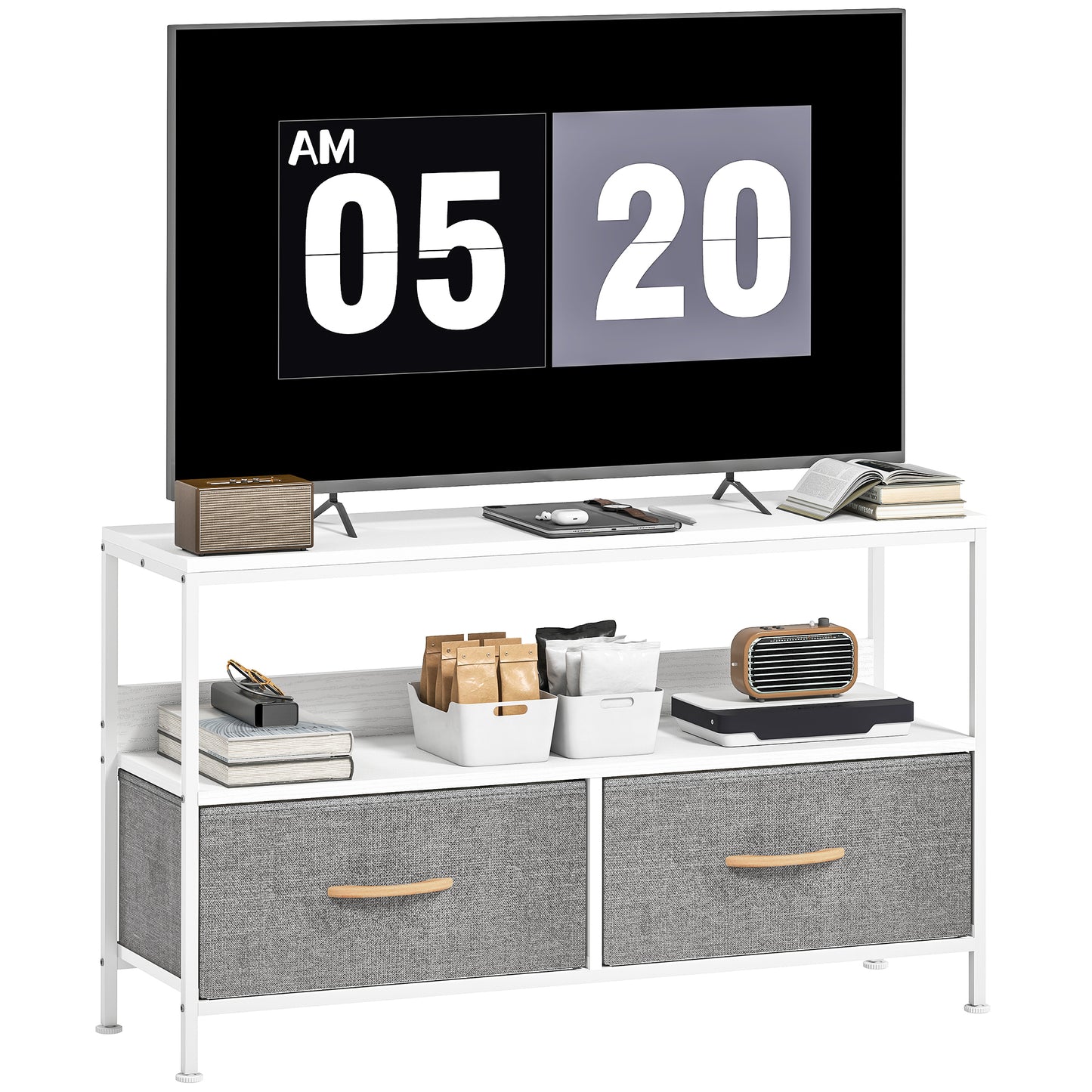 TV Cabinet, TV Console Unit with 2 Foldable Linen Drawers White