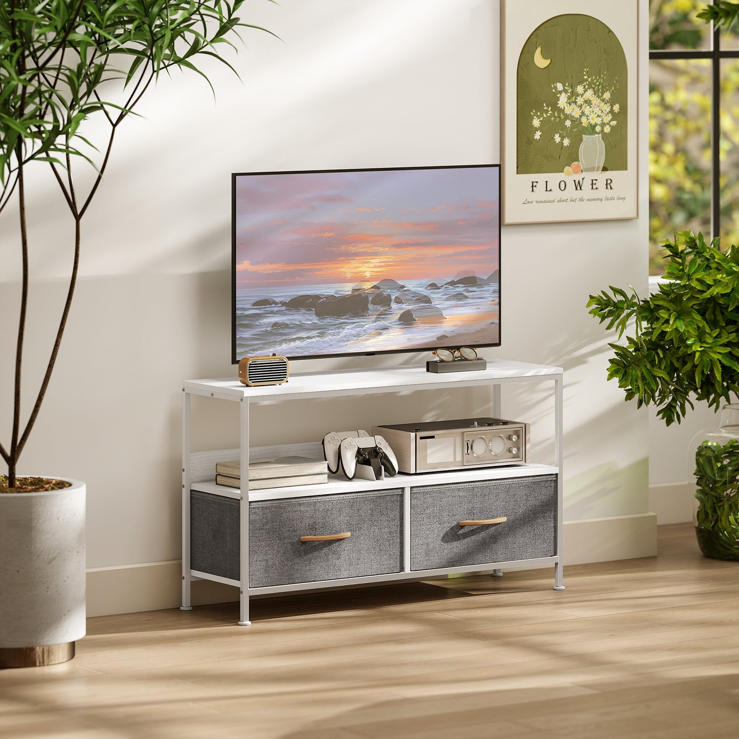 TV Cabinet, TV Console Unit with 2 Foldable Linen Drawers White