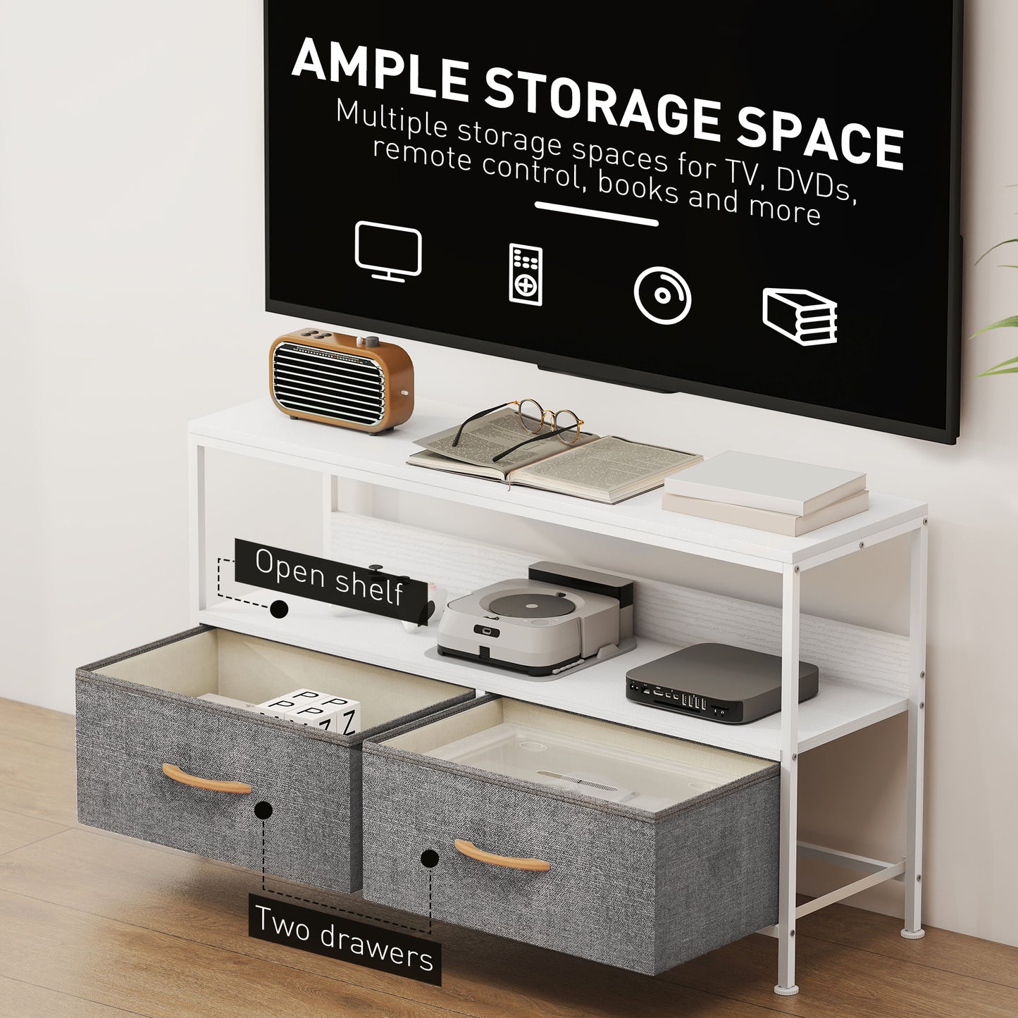 TV Cabinet, TV Console Unit with 2 Foldable Linen Drawers White