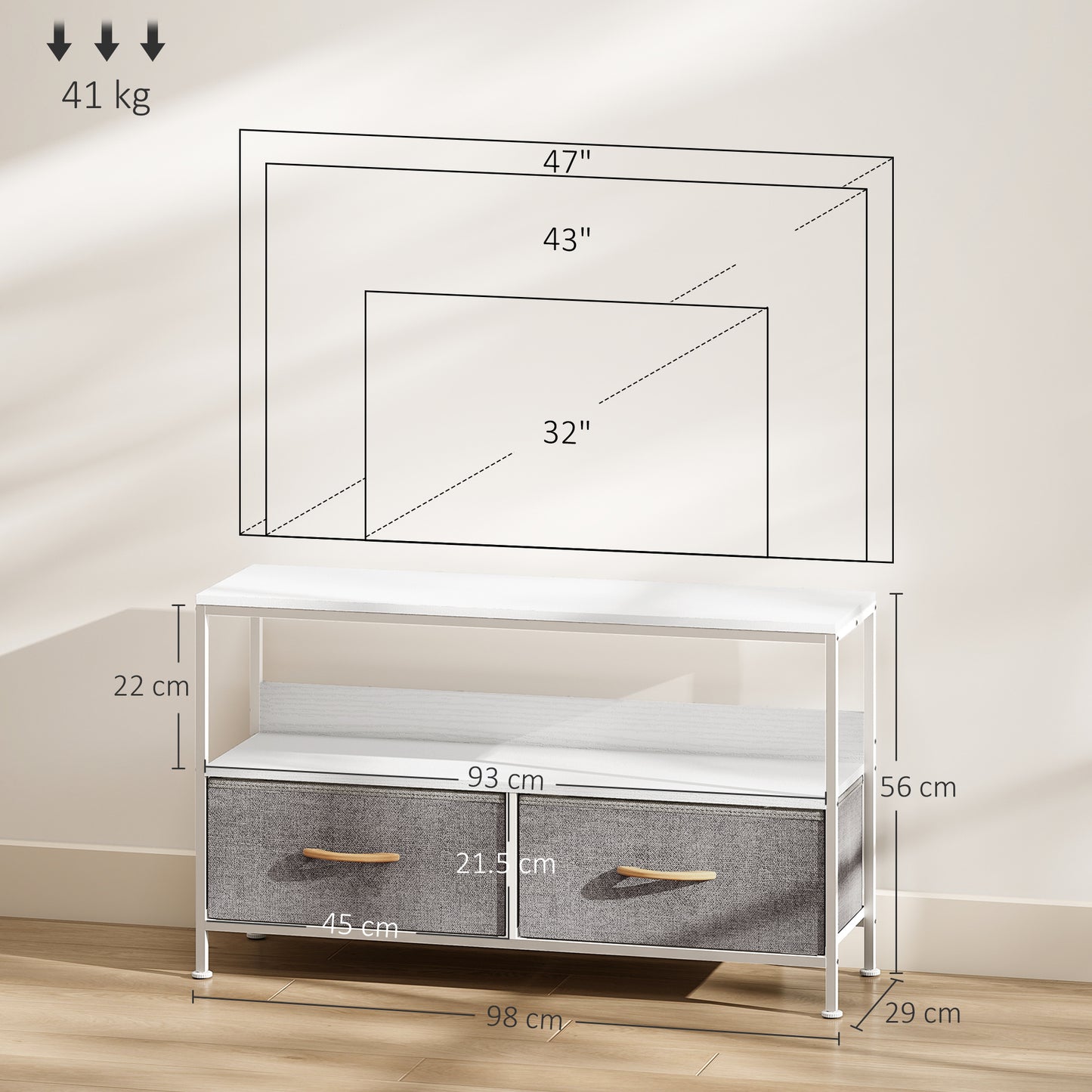 TV Cabinet, TV Console Unit with 2 Foldable Linen Drawers White