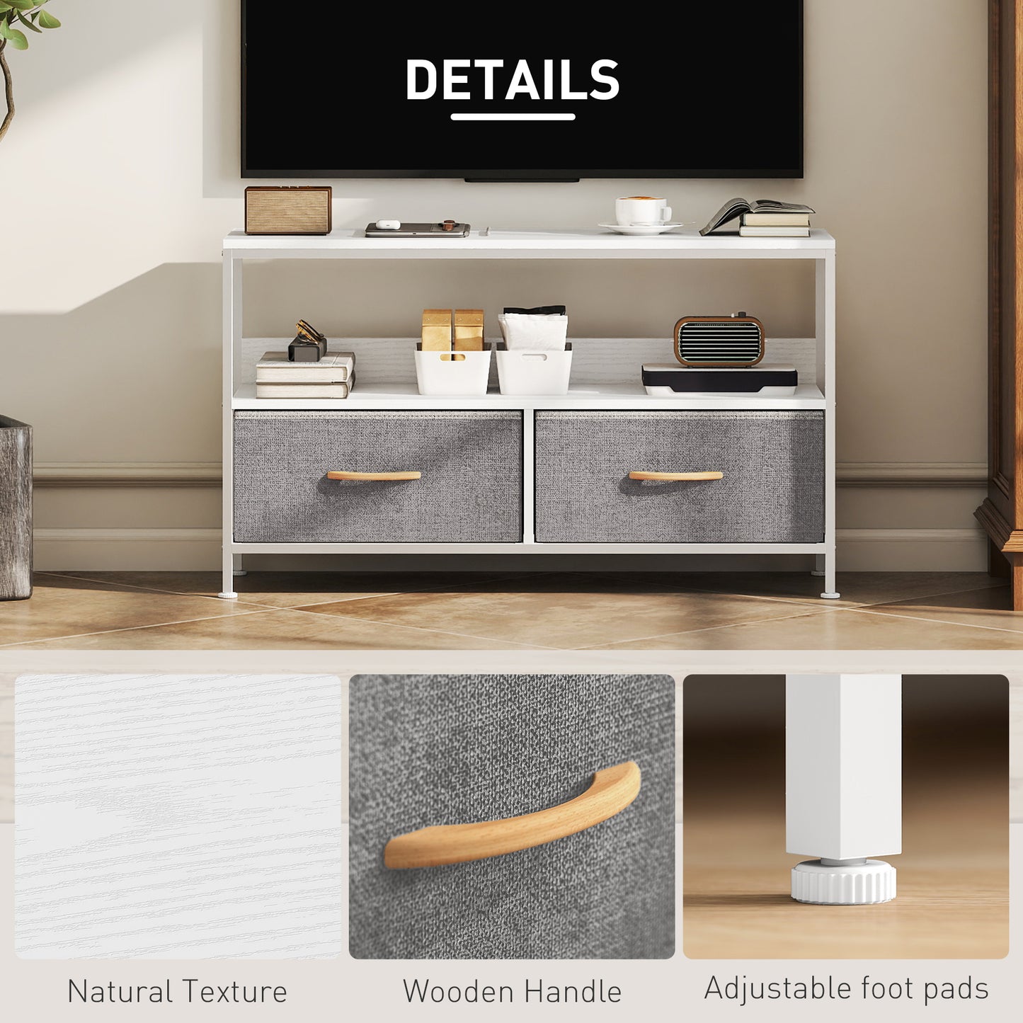 TV Cabinet, TV Console Unit with 2 Foldable Linen Drawers White