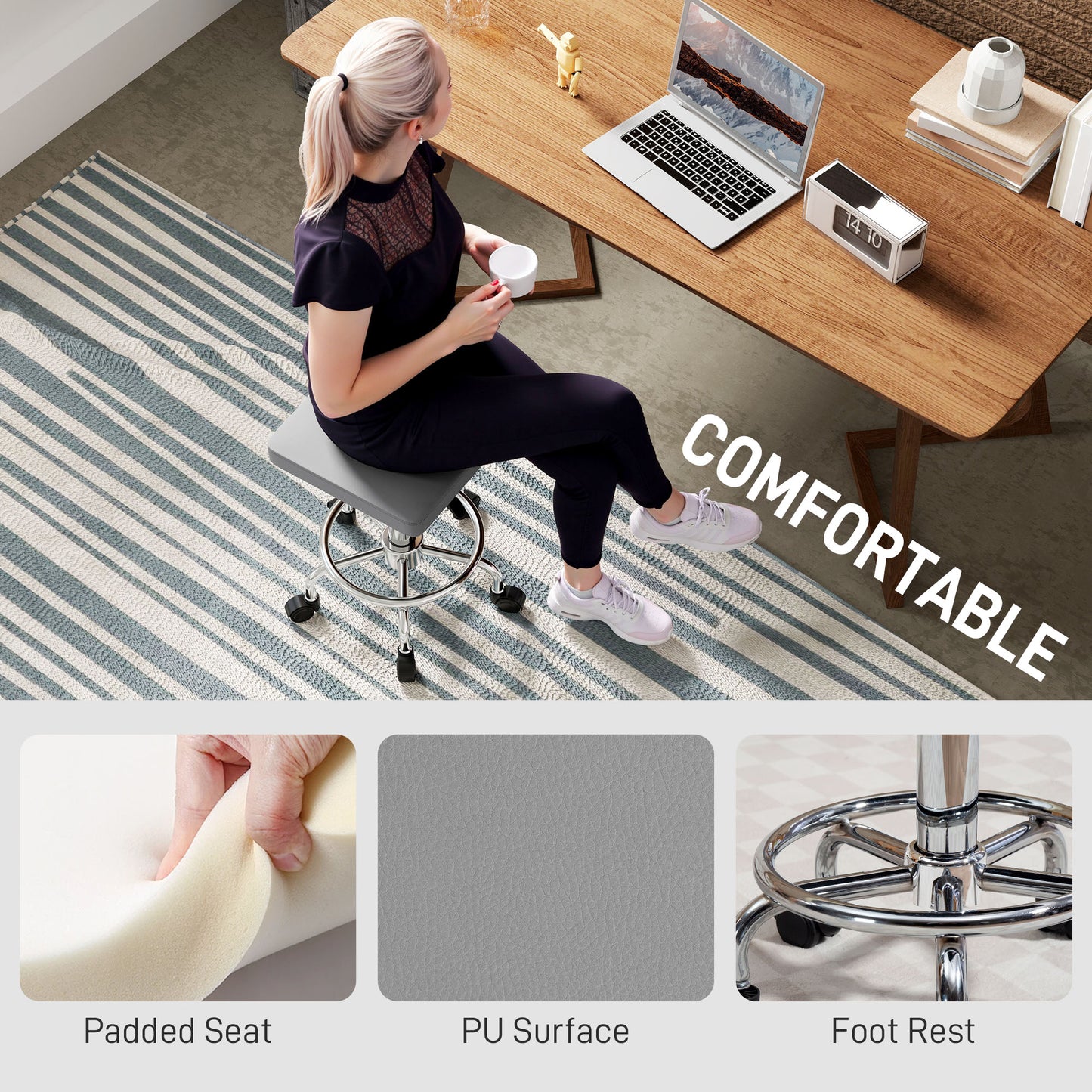 PU Leather Rolling Stool, Height Adjustable Salon Chair, Grey