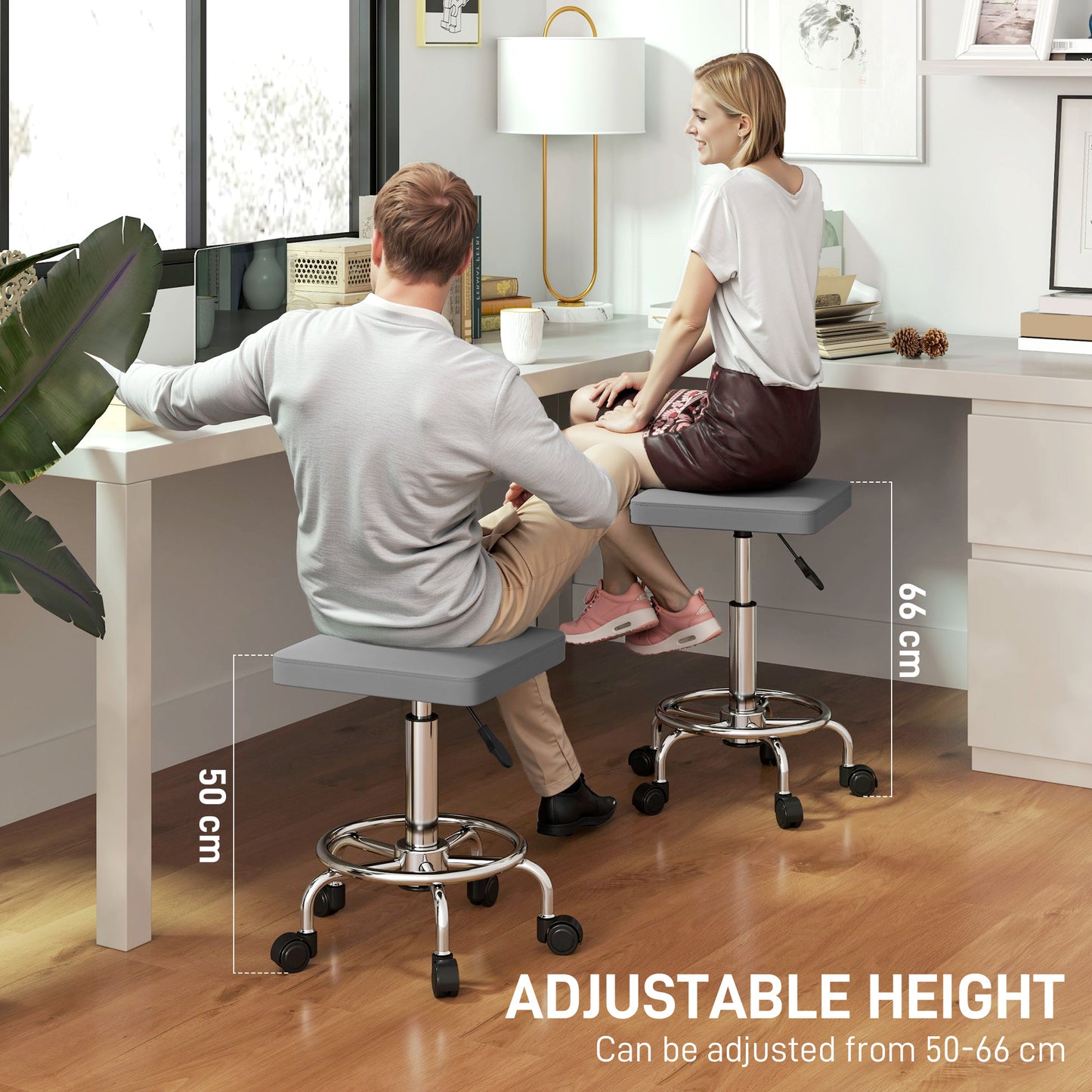 PU Leather Rolling Stool, Height Adjustable Salon Chair, Grey
