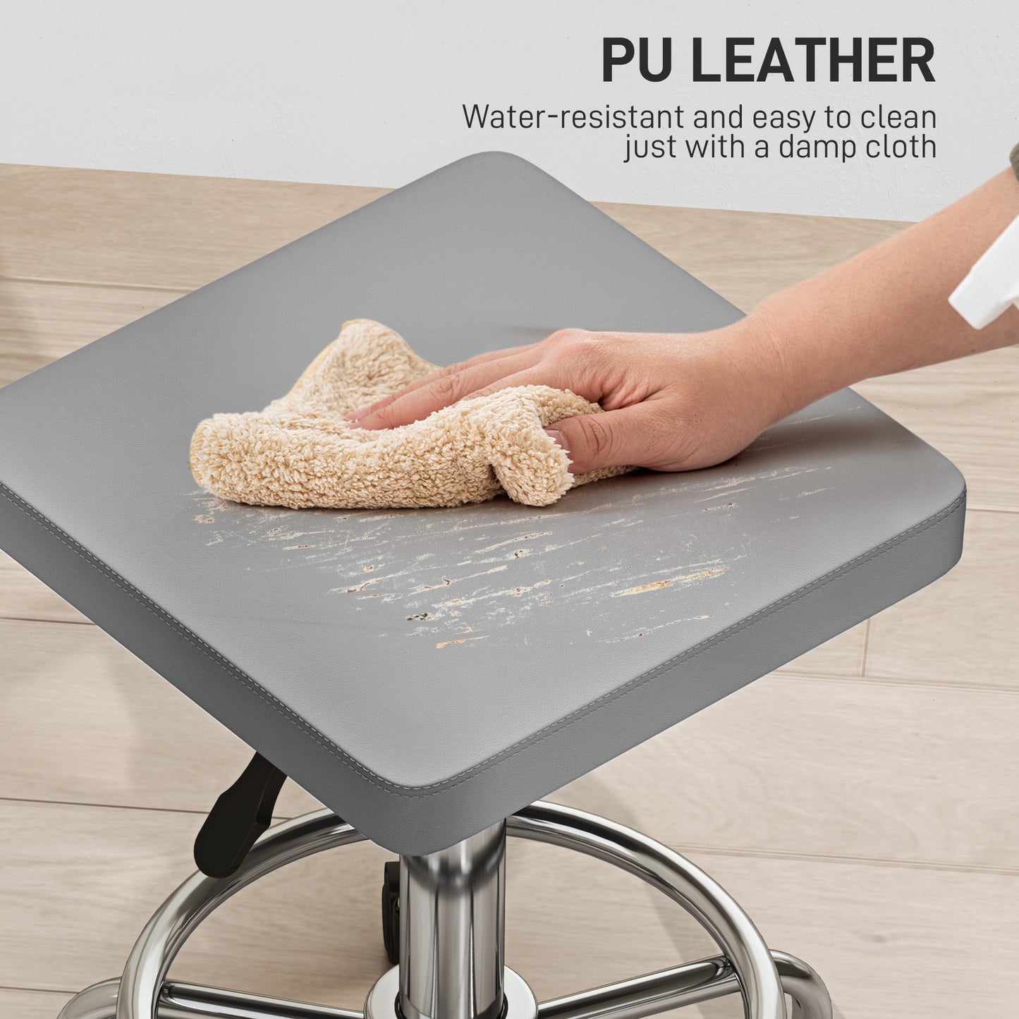 PU Leather Rolling Stool, Height Adjustable Salon Chair, Grey