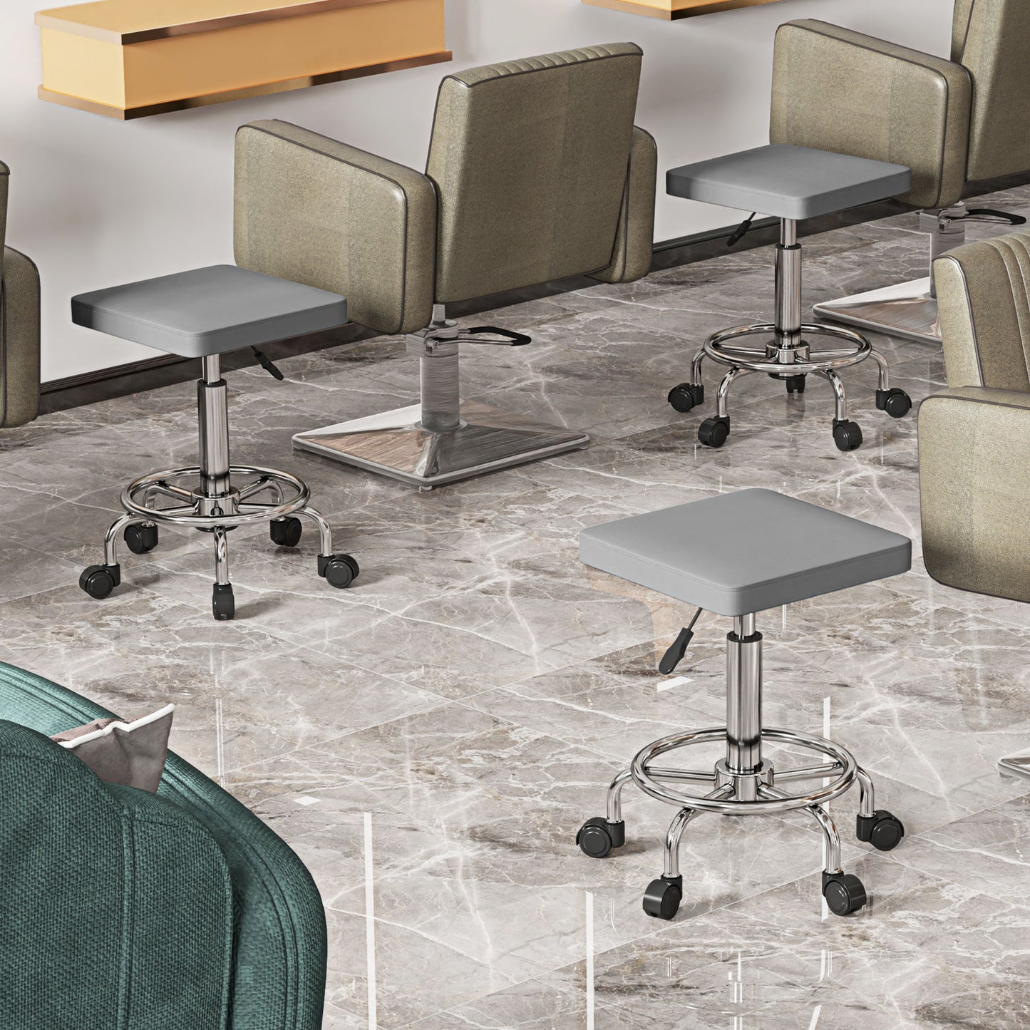 PU Leather Rolling Stool, Height Adjustable Salon Chair, Grey