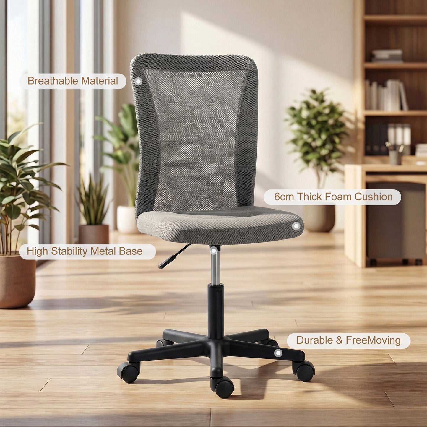 Vinsetto Armless Office Chair, Swivel Desk Chair w/ Adjustable Height Grey