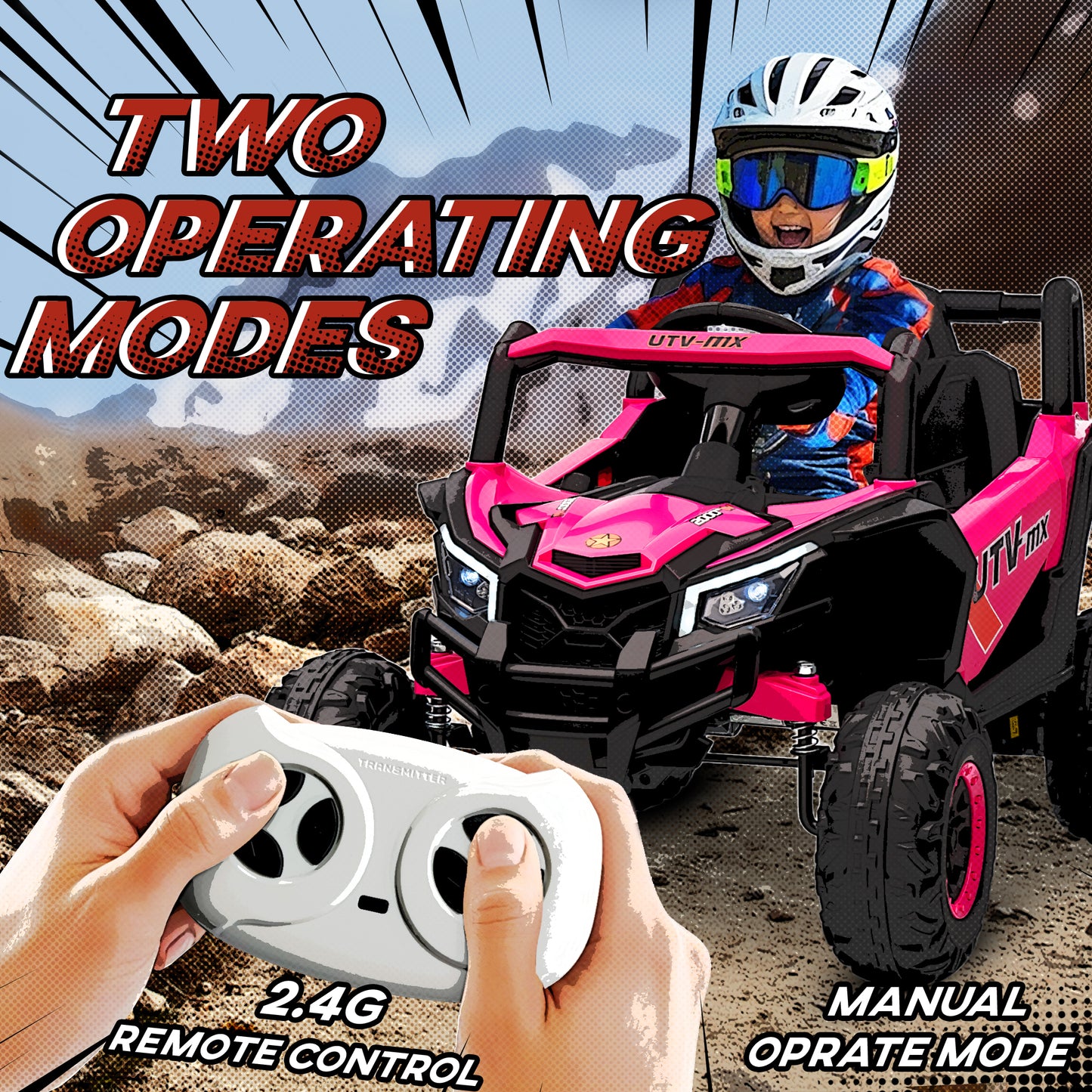 12V Kids Ride On Car, Electric Car for Kids UTV with Remote Control, Slow Start, Suspension System, LED Lights, Music, USB Port, for Boys Girls 3-5 Years, Pink