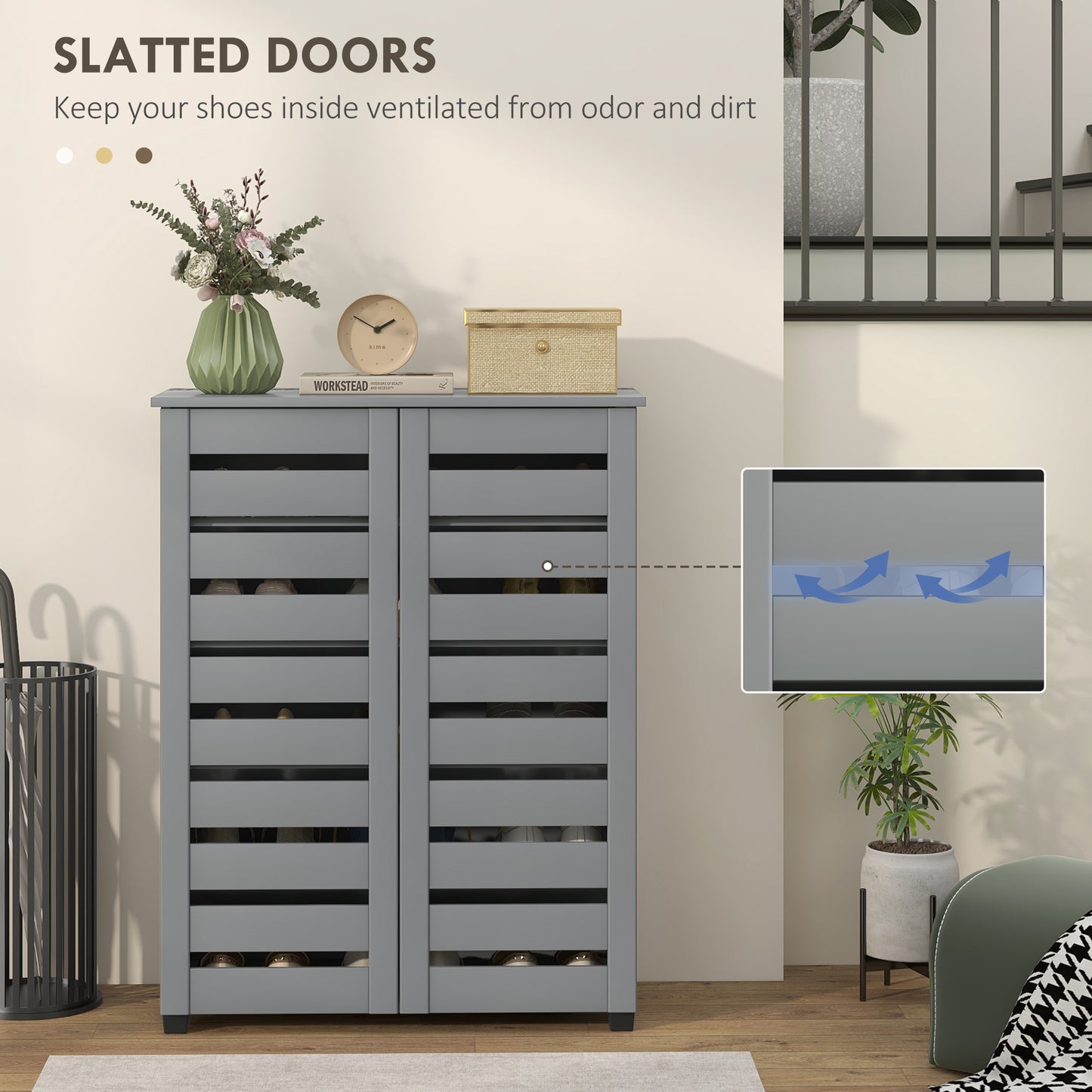 Shoe Storage Cabinet with Slatted Doors for 15 Pairs of Shoes Grey