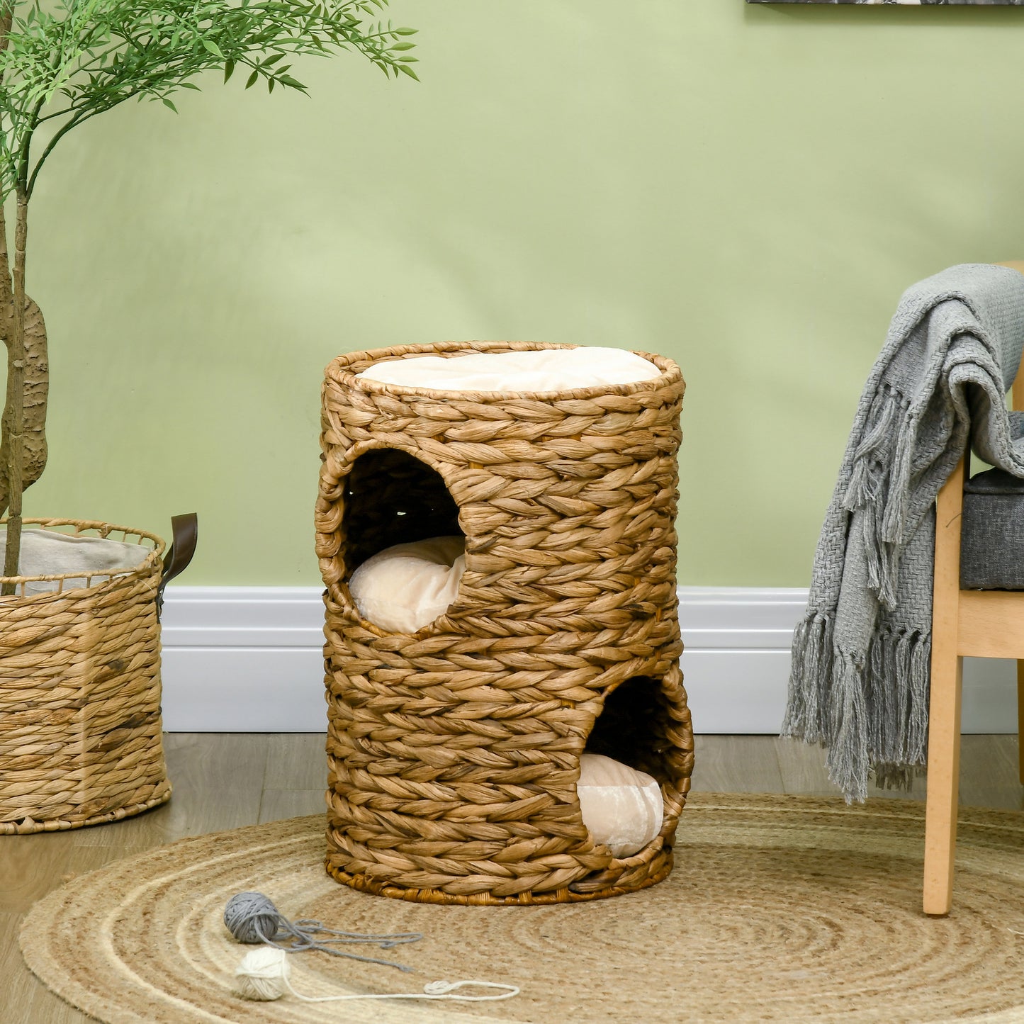 47cm Cat Barrel Tree for Indoor Cats with 2 Cat Houses, Kitten Tower with Cushion - Brown