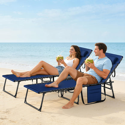 Folding Sun Loungers with 5-Level Back, Cup Holder, Dark Blue