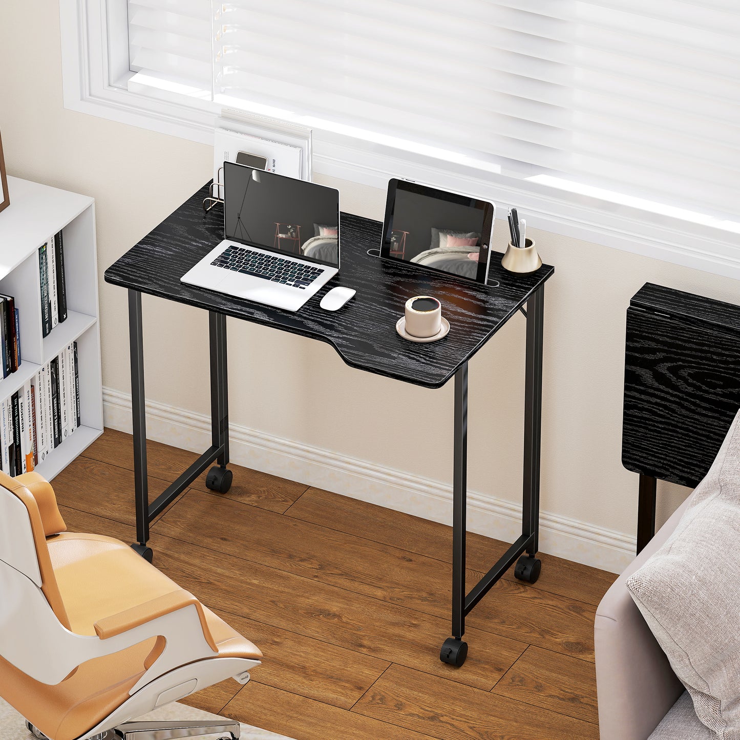 Small Writing Desk with Wheels, Folding Study Table, Black