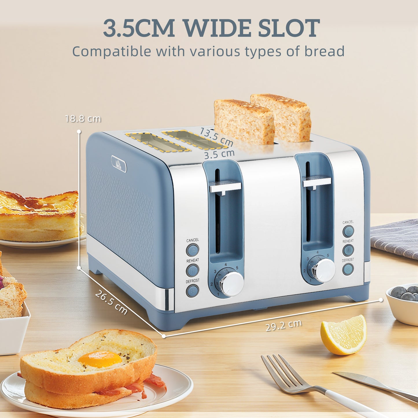 Kettle and Toaster Set with 3000W Rapid Boil, 4 Slice Toaster, Blue