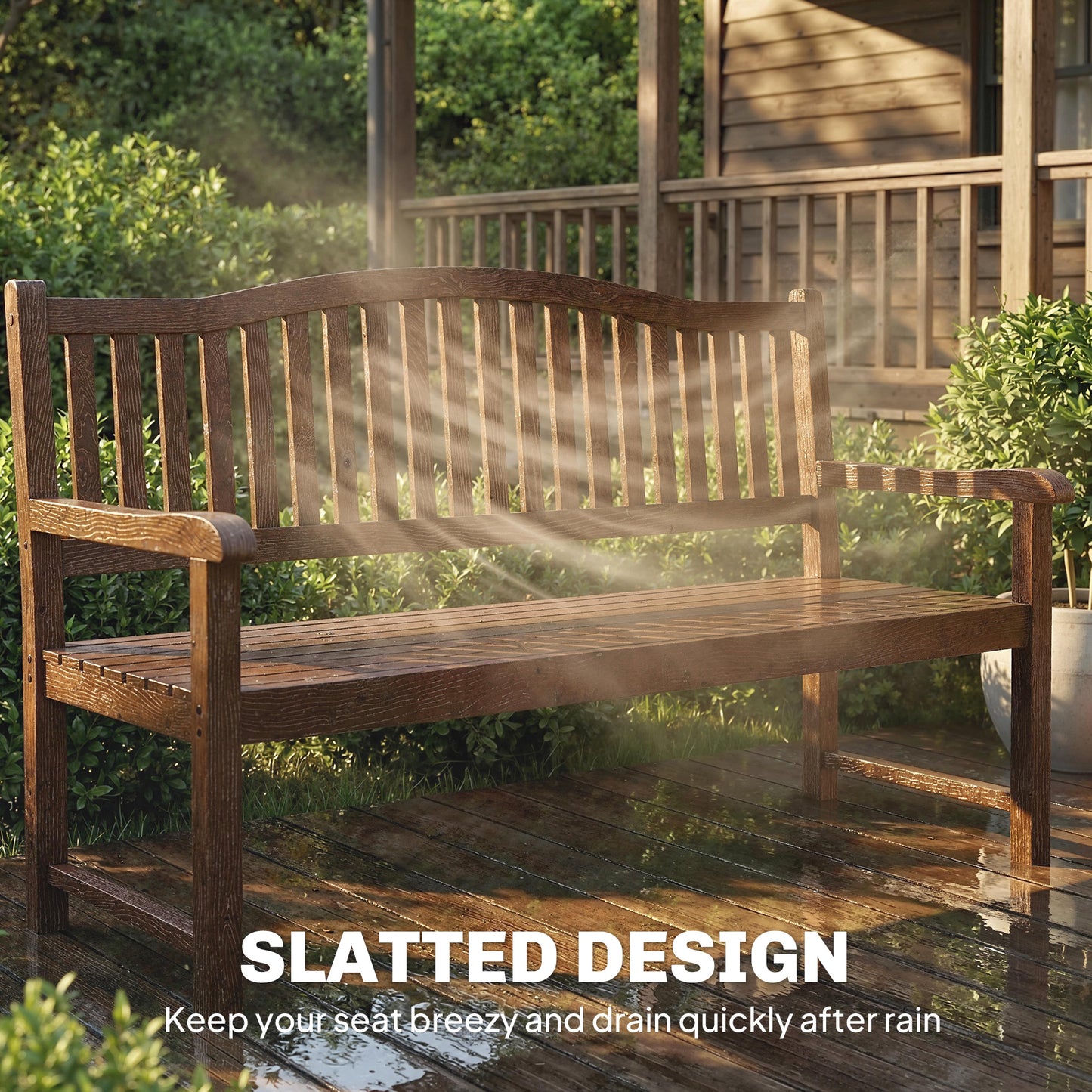Wood Garden Loveseat Bench with Liftable Table, Cover, Light Brown