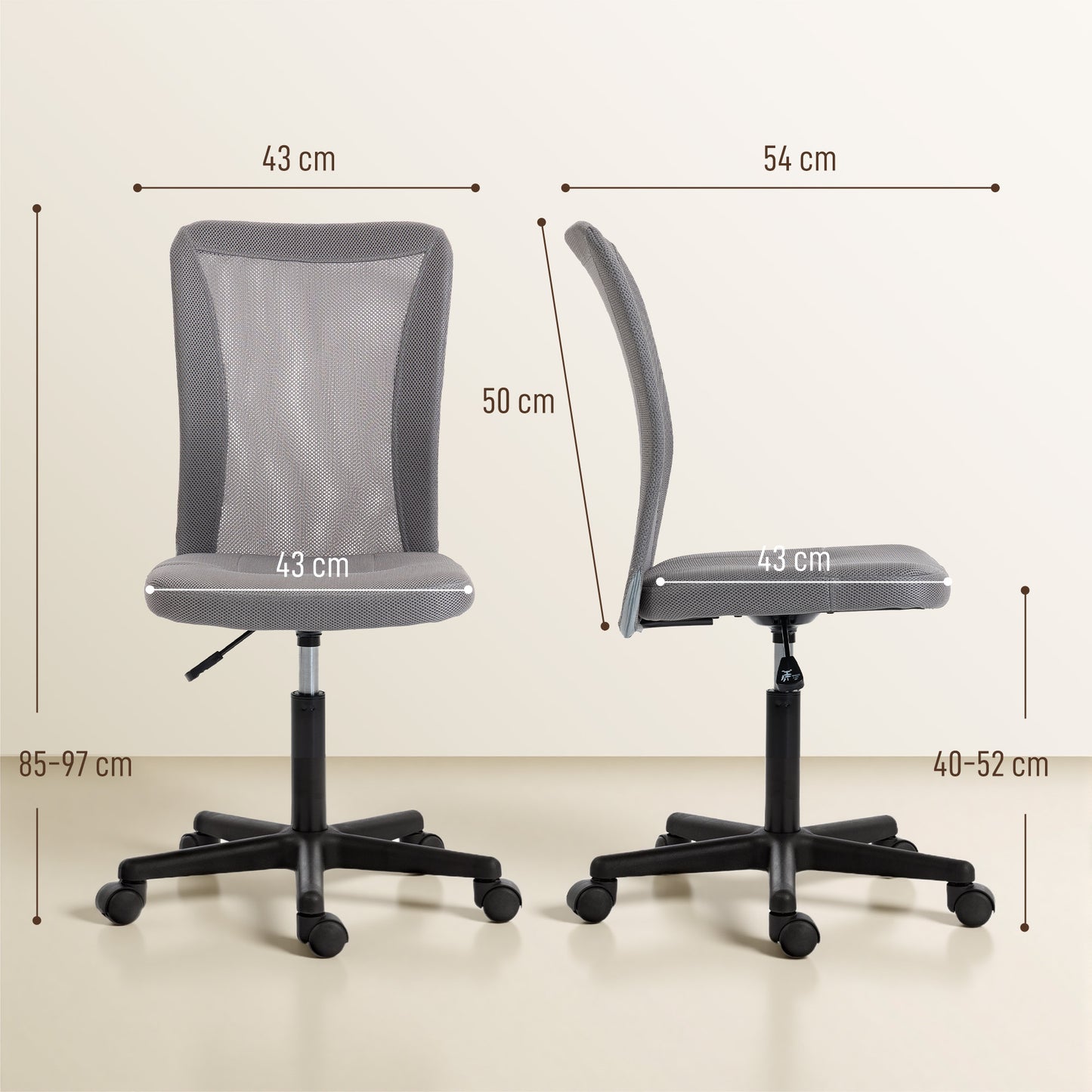 Vinsetto Armless Office Chair, Swivel Desk Chair w/ Adjustable Height Grey