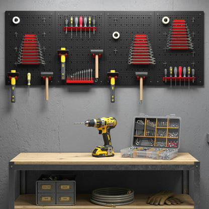 38 Pcs Wall-Mounted Pegboard with Hooks and Storage Shelves, 4 Panels Set Garage DIY Storage Unit Black and Red