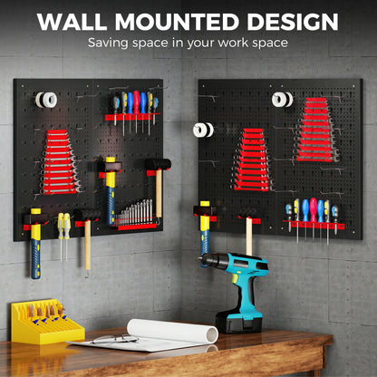38 Pcs Wall-Mounted Pegboard with Hooks and Storage Shelves, 4 Panels Set Garage DIY Storage Unit Black and Red