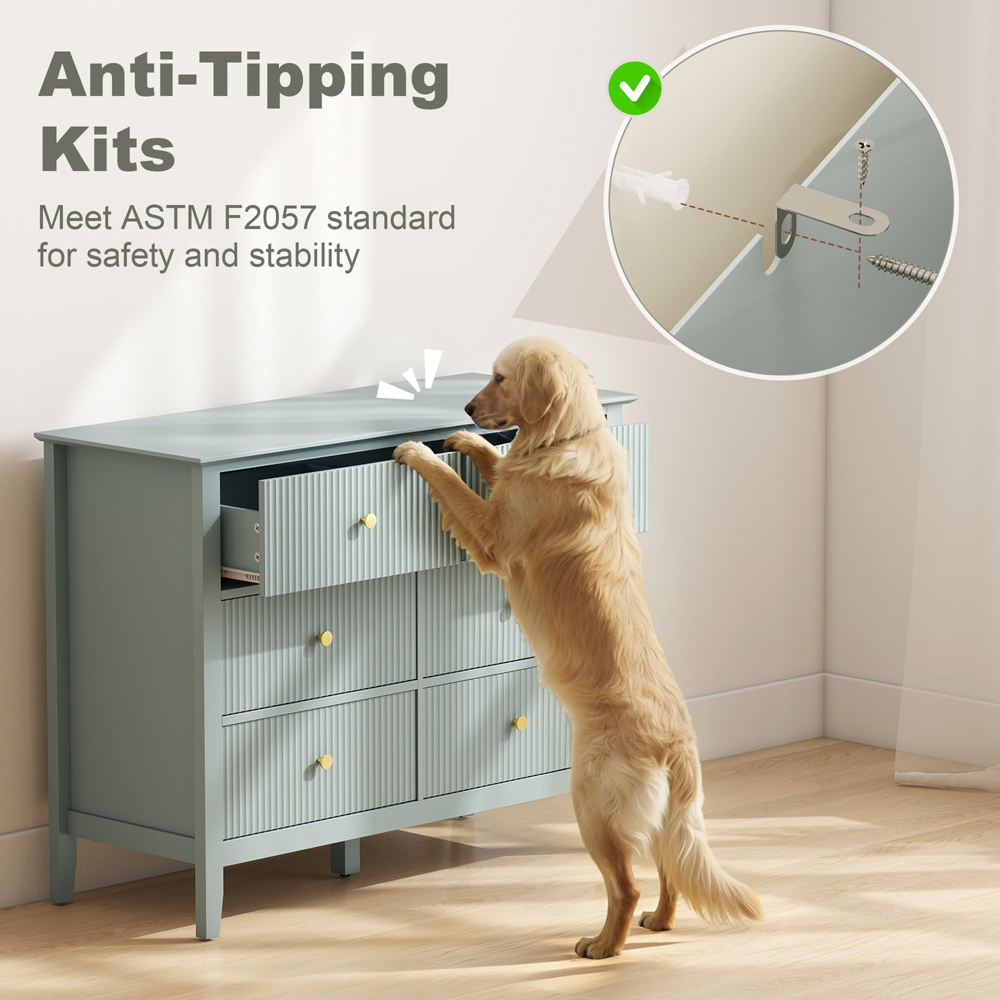 Fluted Chest of Drawers 6 Drawer Dresser for Bedroom Hallway Green
