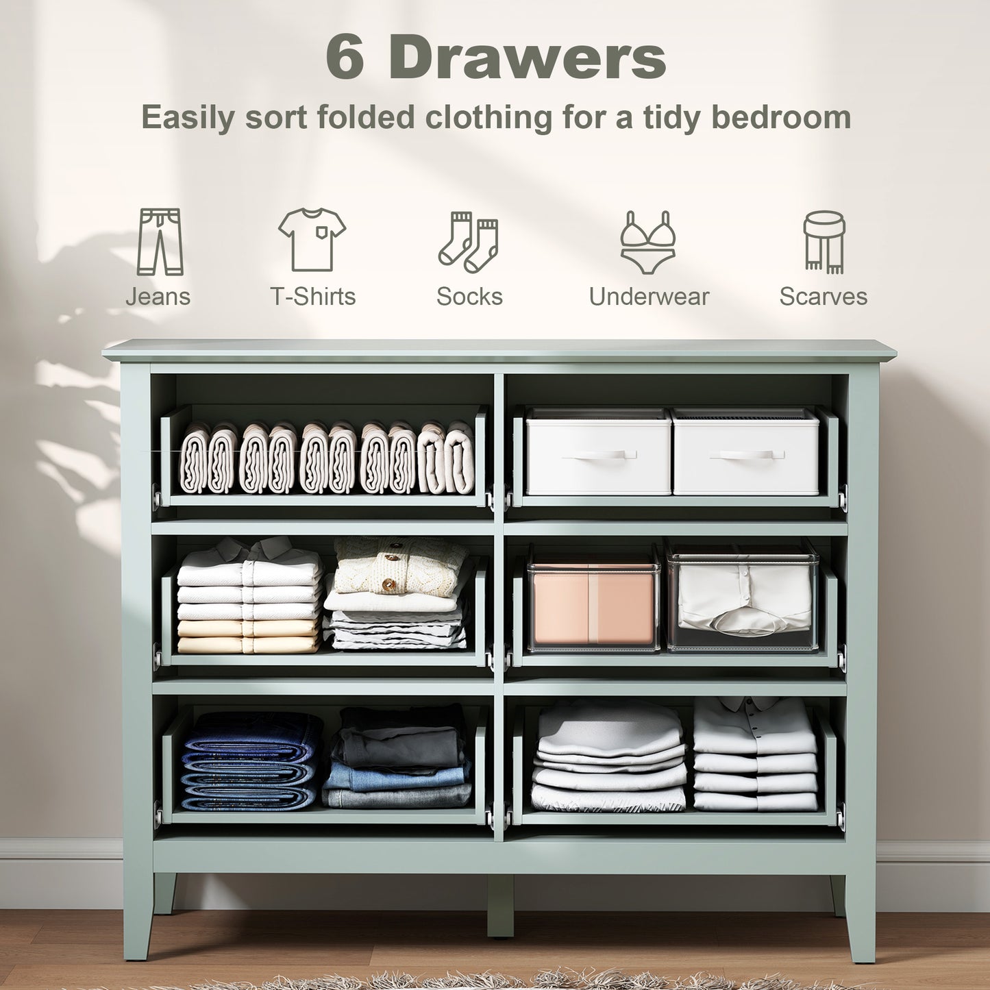 Fluted Chest of Drawers 6 Drawer Dresser for Bedroom Hallway Green
