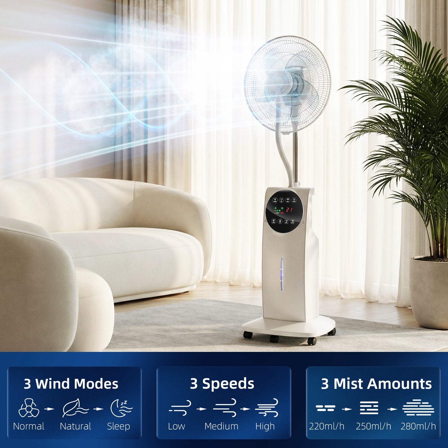 16" Pedestal Fan with Water Mist Spray Standing Fan, 3.1L Tank, White