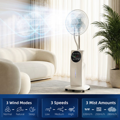 16" Pedestal Fan with Water Mist Spray Standing Fan, 3.1L Tank, White