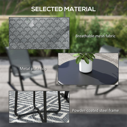3 Pcs Garden Rocking Set w/ 2 Armchairs, Metal Top Coffee Table, Patio Bistro Set w/ Curved Armrests, Breathable Mesh Fabric Seat, Mixed Grey