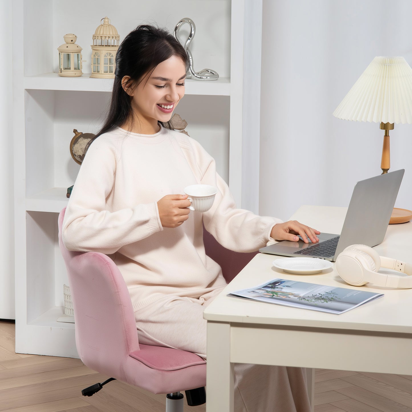 Armless Desk Chair Home Office Chair w/ Wide Seat Tilt Function Pink