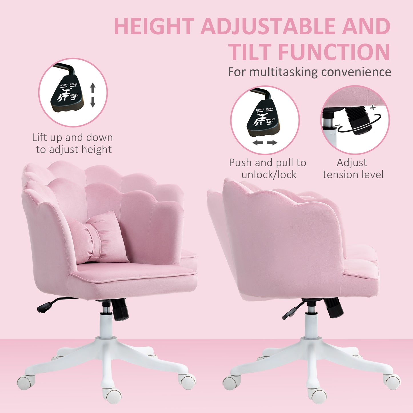 Armless Desk Chair Home Office Chair w/ Wide Seat Tilt Function Pink