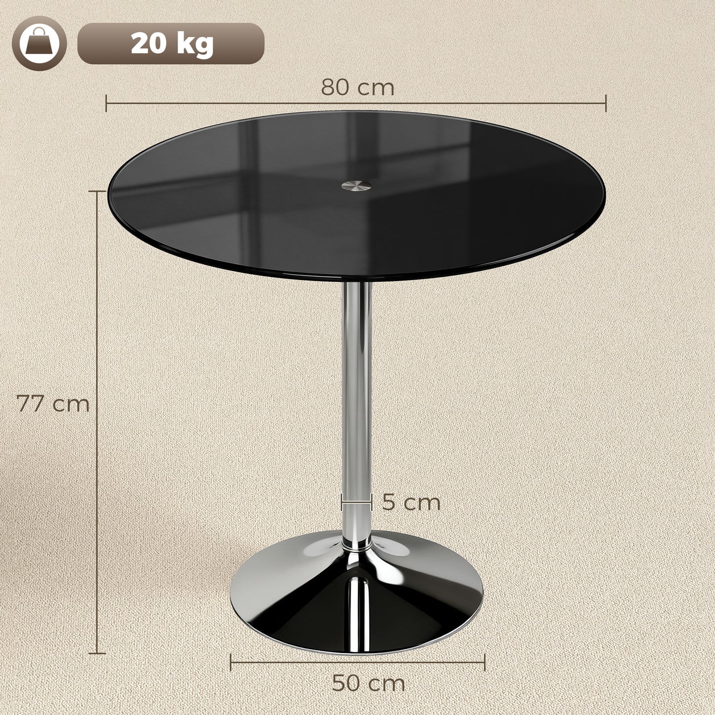 Round Bar Table, Dining Table with Tempered Glass Top and Steel Frame