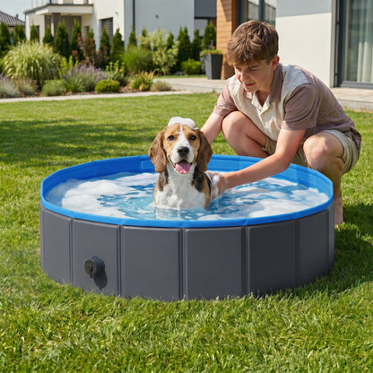 Foldable Dog Pool for Puppies and Ducks, Thickened PVC Dog Paddling Pool Bath Tub Hard Board, Anti-Slip Bottom and Hose Adapter for Easy Drainage, 100 x 30cm, Blue and Dark Grey