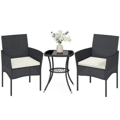 3 Piece Rattan Bistro Set with 2 Tier Glass-Top Table, Chairs