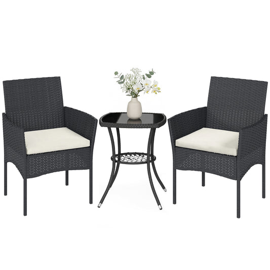 3 Piece Rattan Bistro Set with 2 Tier Glass-Top Table, Chairs