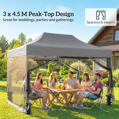 3 x 4.5 m Pop Up Gazebo with Mesh, Heavy Duty Party Tent Marquee
