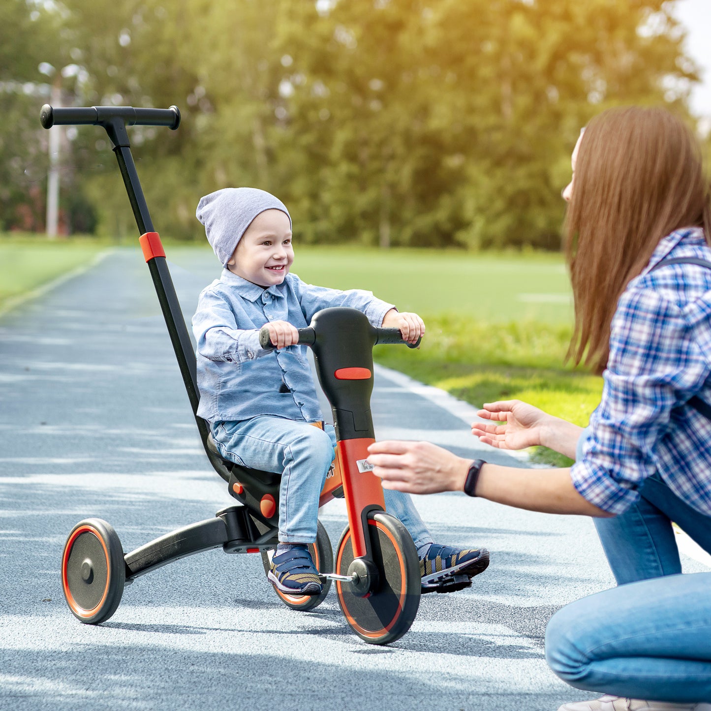 4-in-1 Tricycle for Kids, Baby Trike with Adjustable Push Handle, Detachable Foot Rest for 18-60 Months, Red