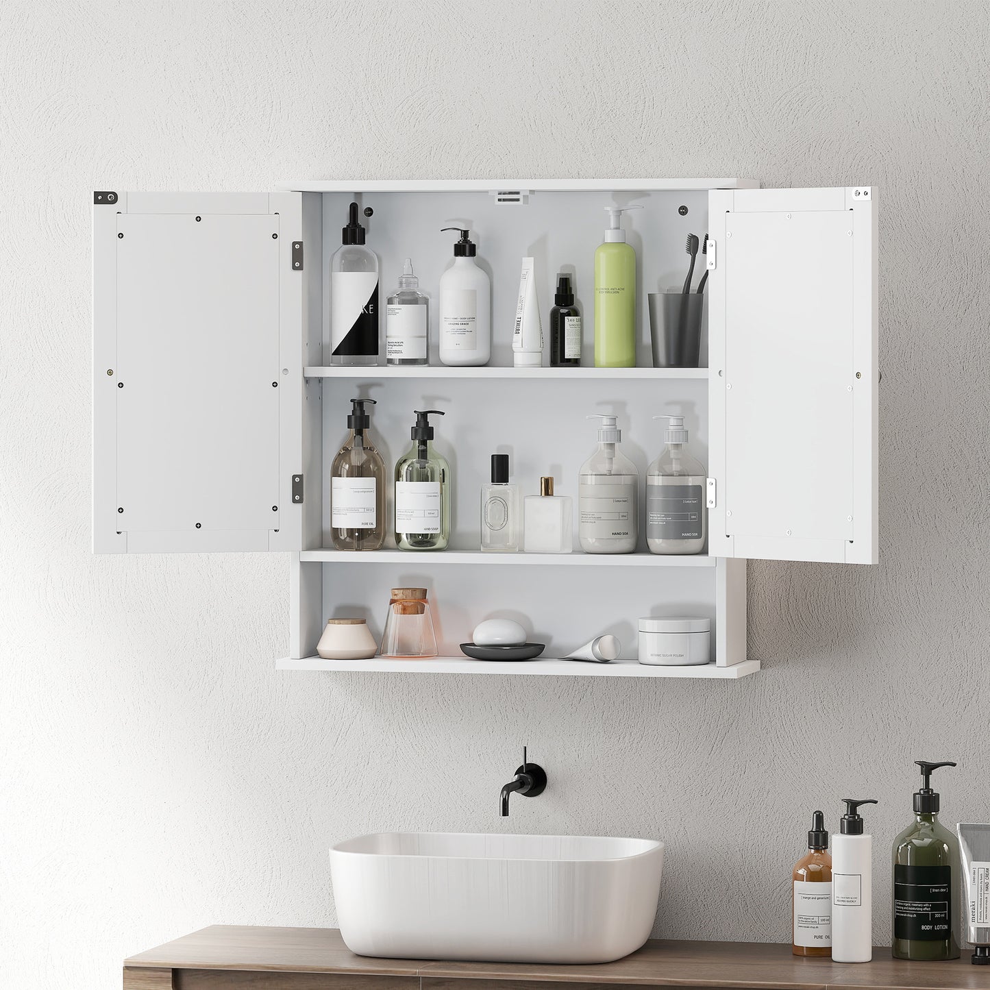 Wall Mounted Mirror Cabinet W/ Double Mirror Doors & Adjustable Shelf