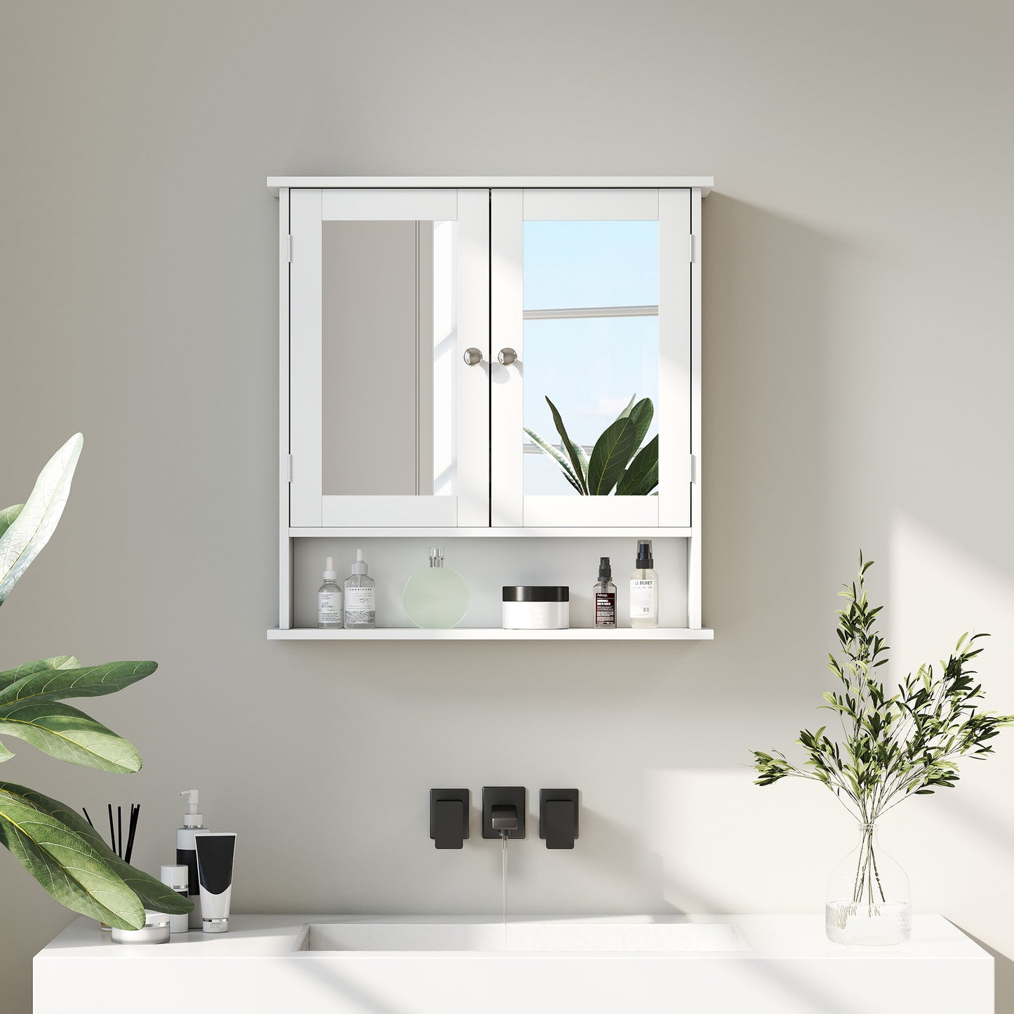 Wall Mounted Mirror Cabinet W/ Double Mirror Doors & Adjustable Shelf